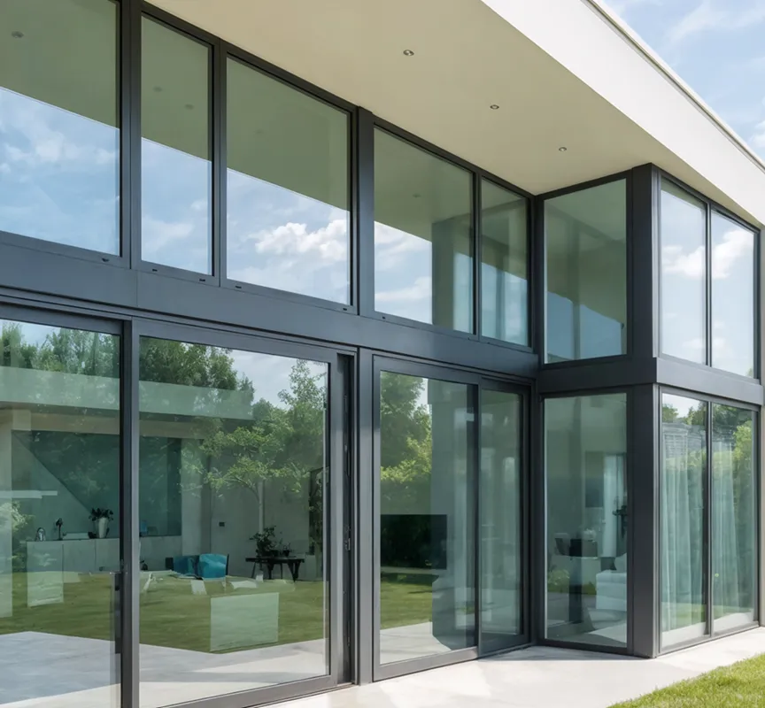 Modern home featuring floor-to-ceiling HBS aluminium windows and large sliding patio doors opening onto a garden