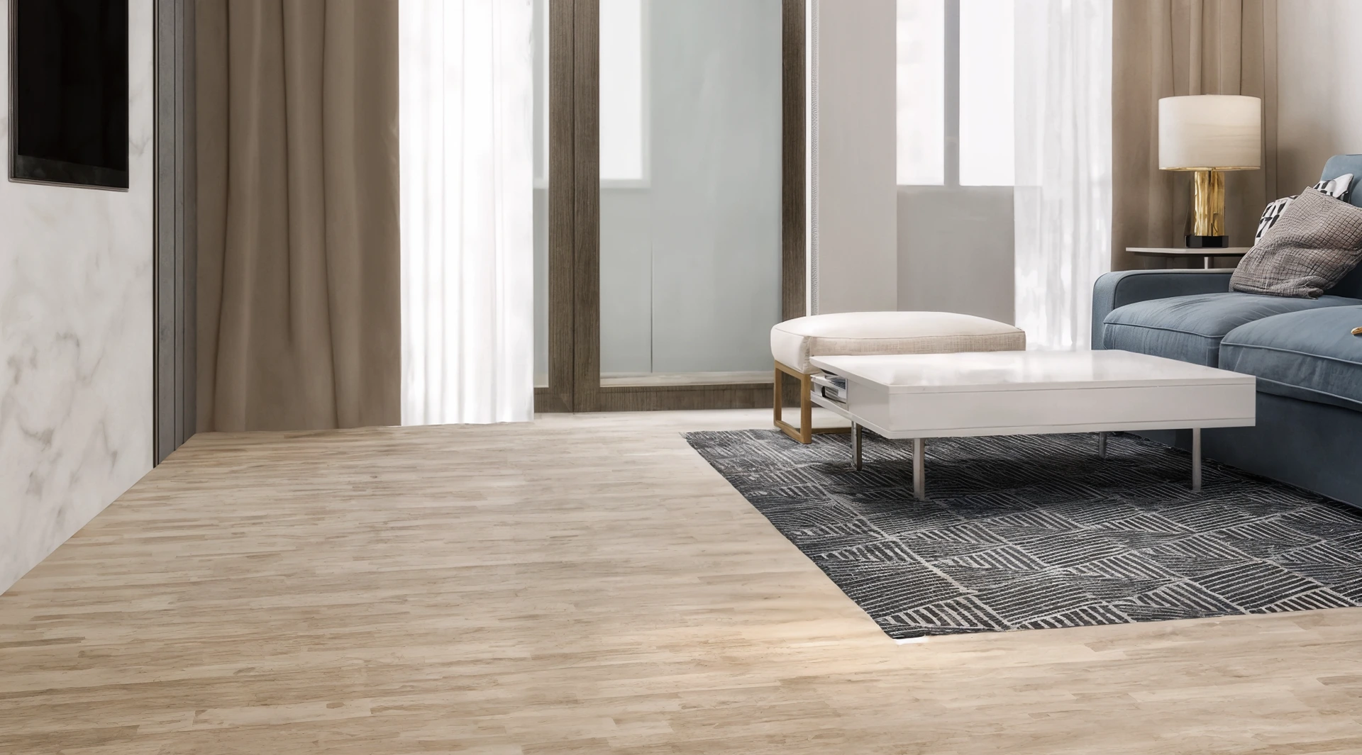 Modern South African living room featuring light wood-look SPC flooring, demonstrating a realistic timber design with seamless installation.